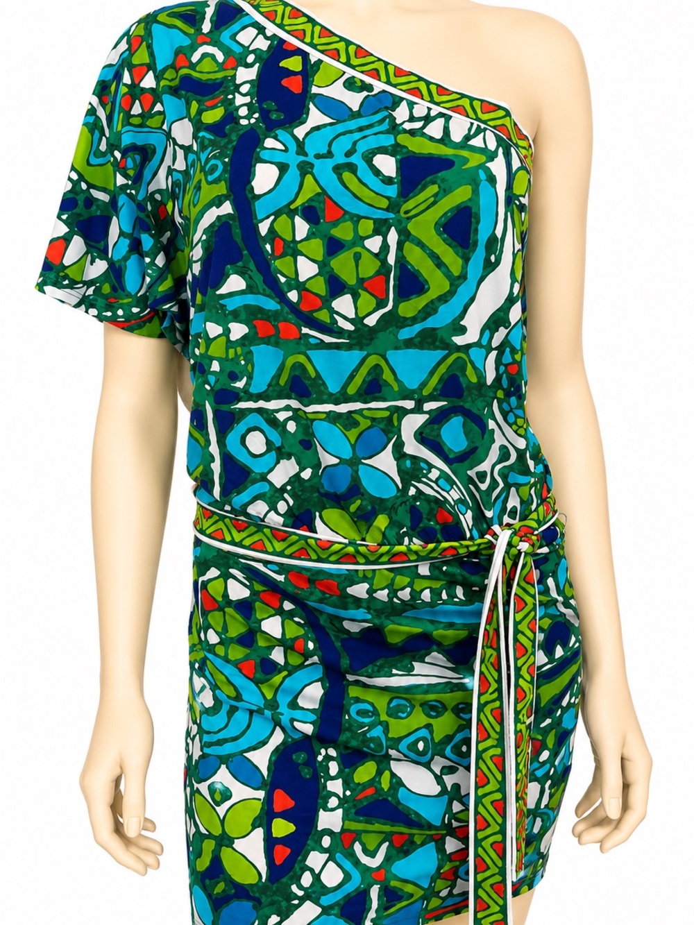 Trina Turk One-Shoulder Green and Blue Printed Dress Swimsuit Cover-up
